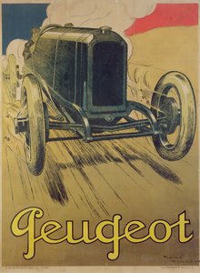 Affiche publicitaire pour une voiture de course Peugeot, c.1918